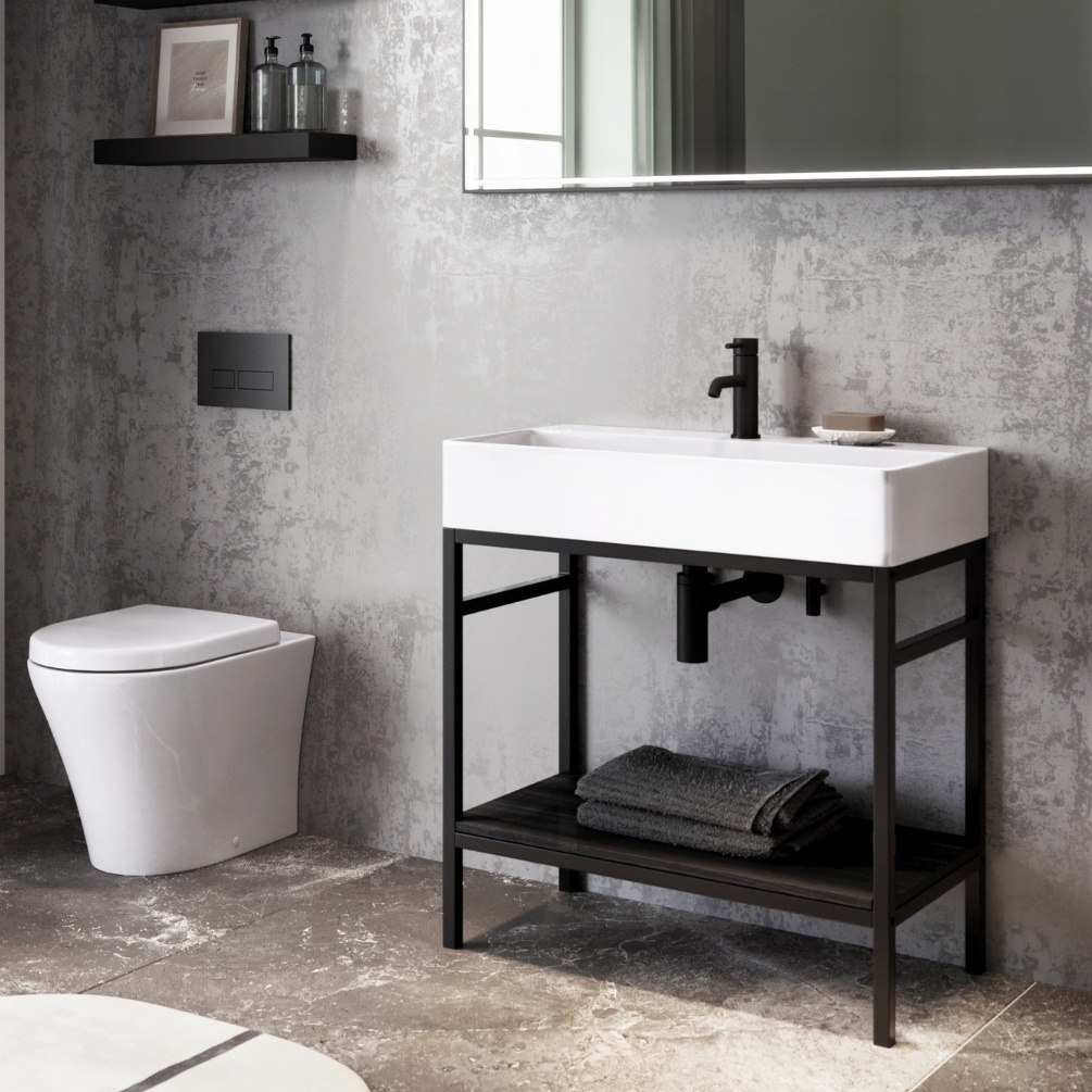 Product Lifestyle image of the Abacus Concept Noir 800mm Washstand & 1 Tap Hole Basin with a Lava Optional Base Shelf
